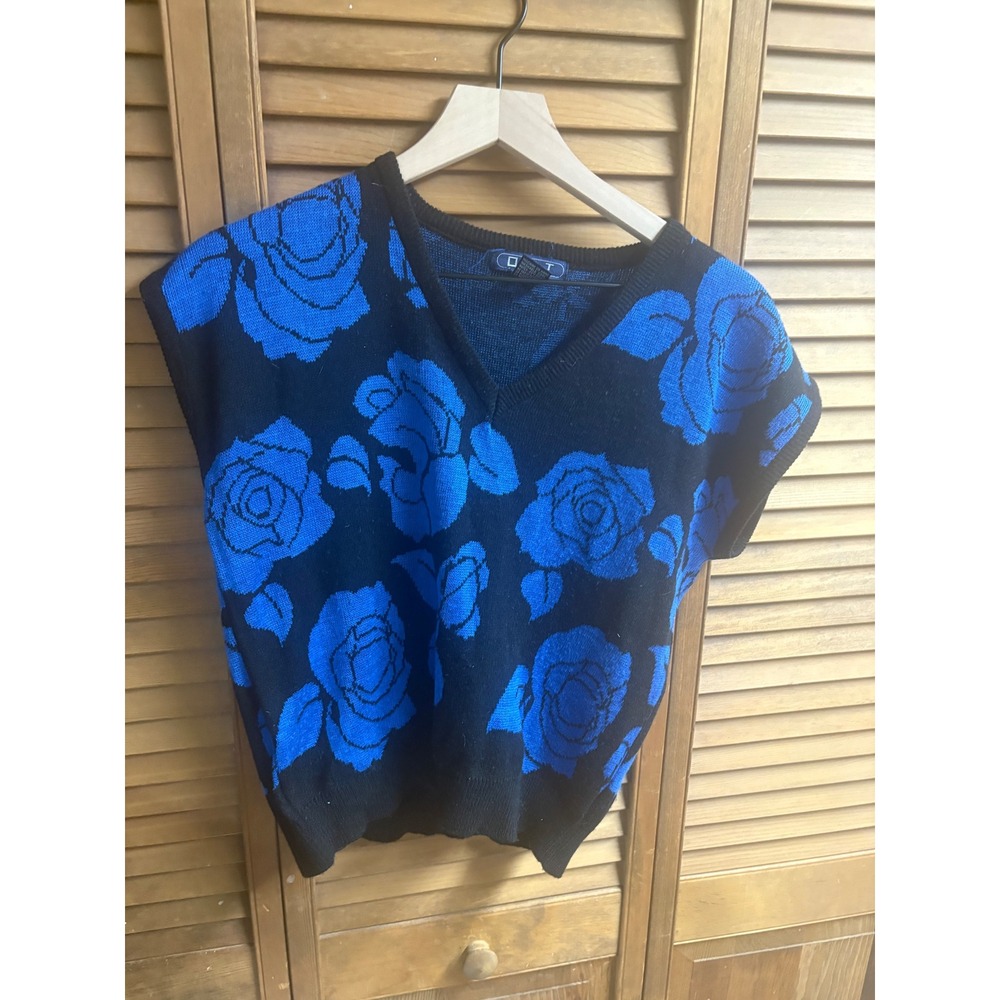 Vintage DHI Blue Rose Floral Sweater Vest Black V-Neck Knit Large Retro 90s
